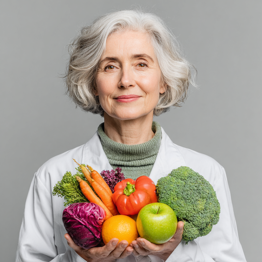 Здорова літня жінка з овочами та фруктами